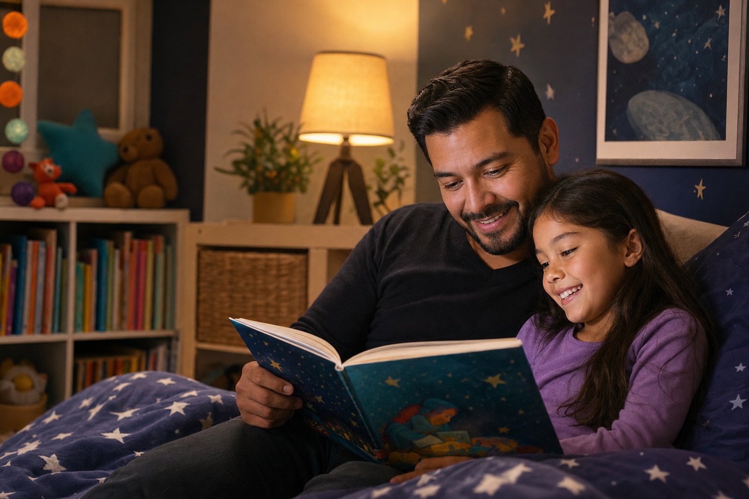 Latino father reading a bedtime book with his daughter in a colorful bedroom