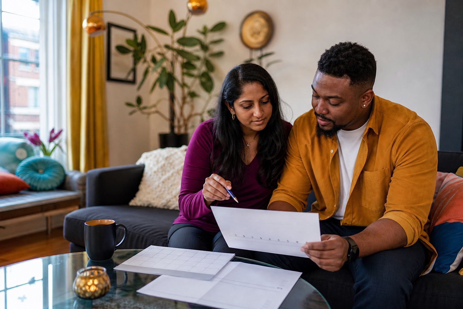 Multiracial couple reviewing a blank symptom timeline in a colorful living room