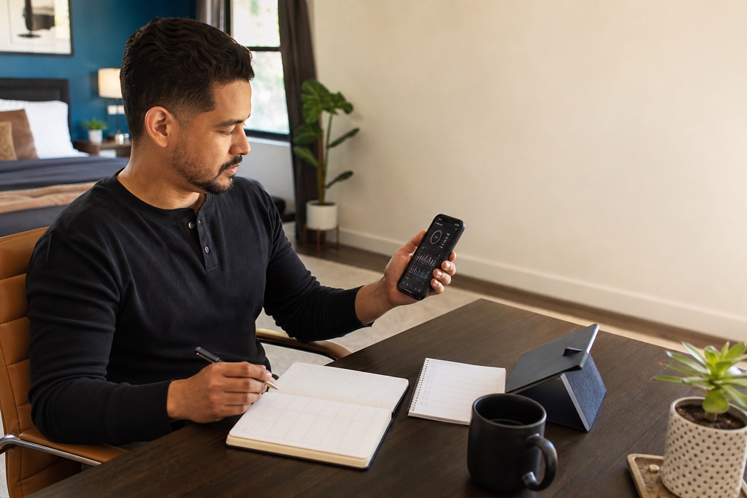 Latino man organizing a sleep diary, wearable data, and questions at home