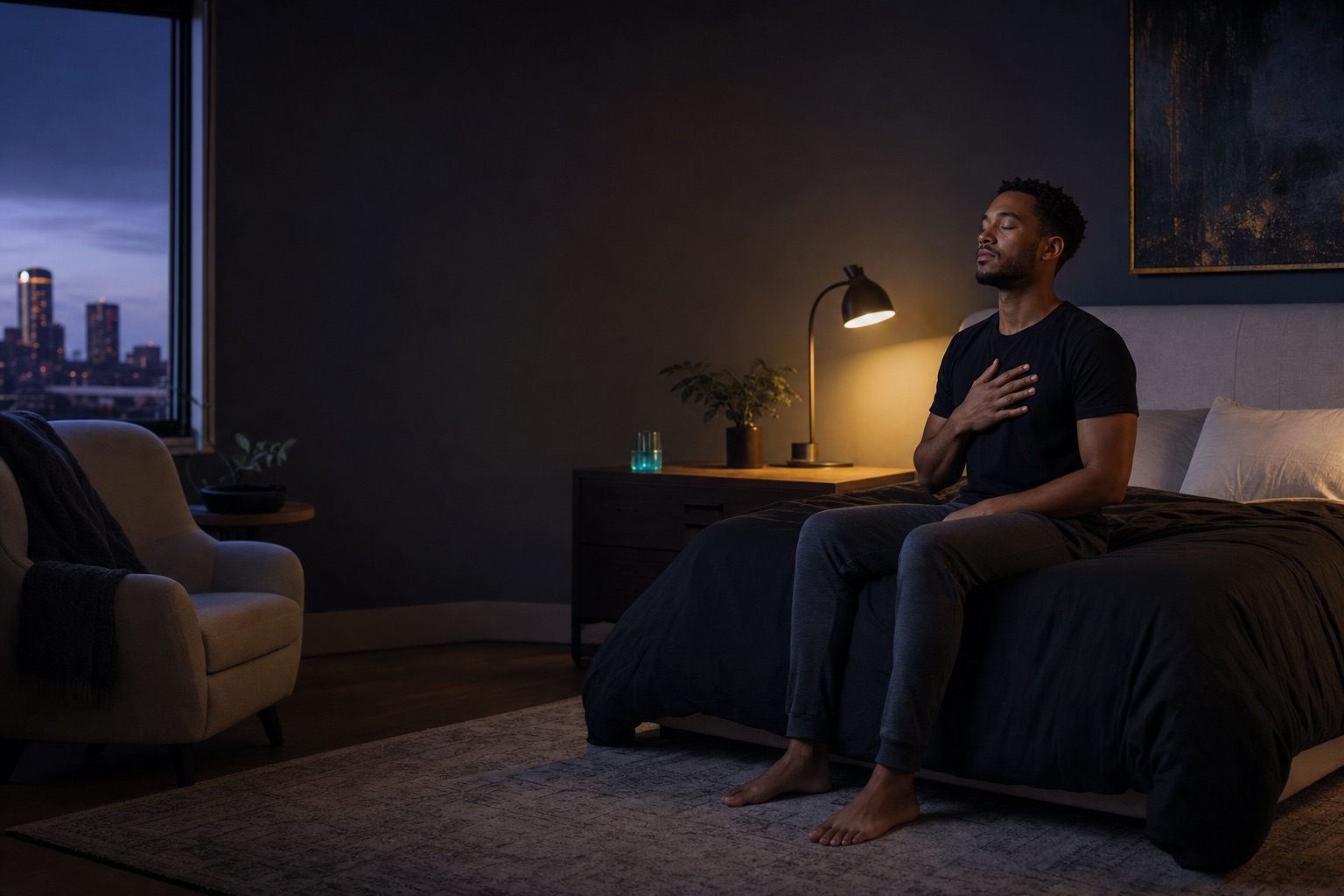 Black man practicing a calm grounding breath in a bedroom before dawn