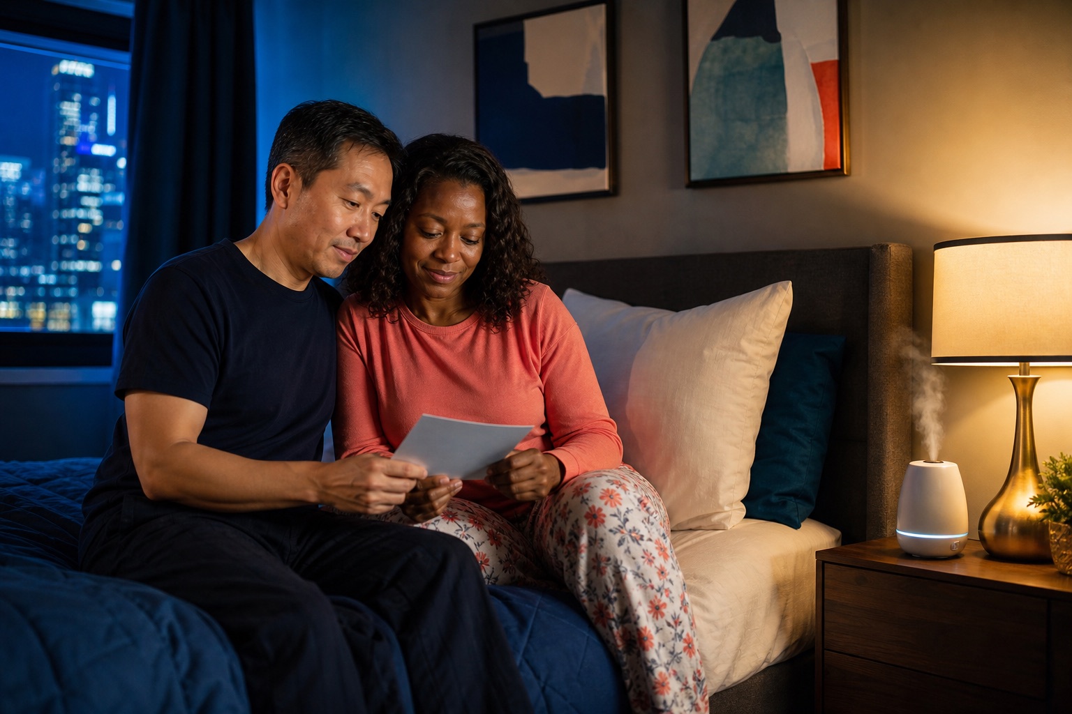 Interracial couple calmly reviewing a bedtime routine card in their bedroom